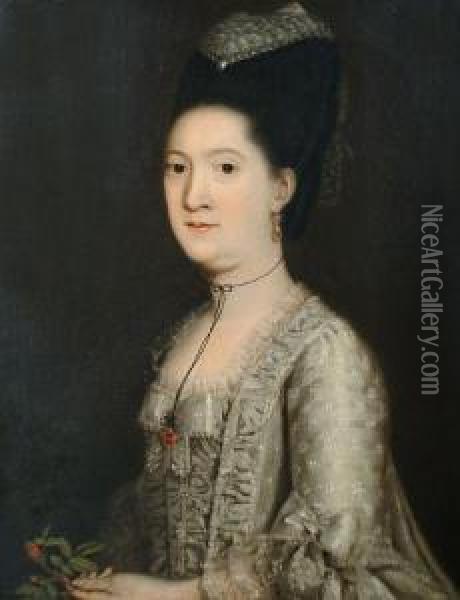 Portrait Of A Lady, Said To Be 
Mrs Christian Laughton,half-length, In A White Lace-edged Dress, Holding
 A Rose Oil Painting - Thomas Beach