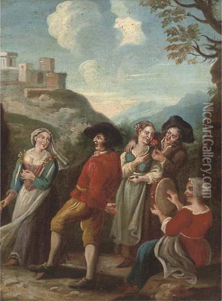 Company Dancing And Courting In A Landscape Oil Painting - Paolo Monaldi