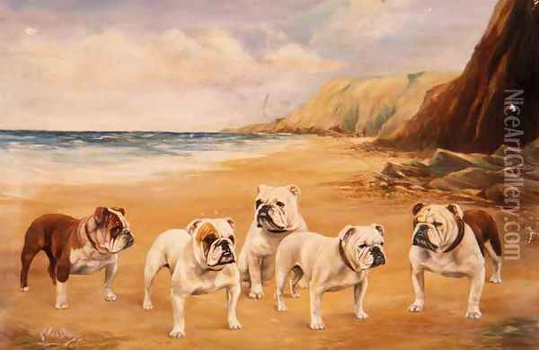 A Quintet of Bulldogs on a Beach Oil Painting - Binks, R. Ward
