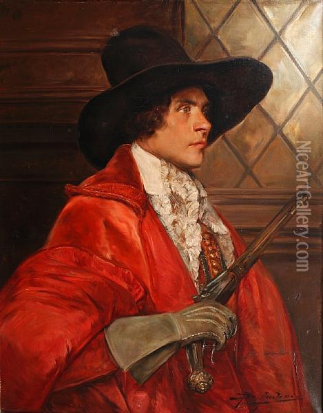 Portrait Of A Cavalier By A Leaded Glass Window Oil Painting - Alex De Andreis