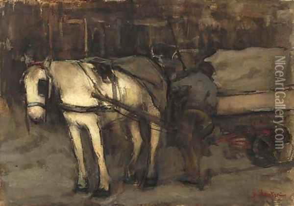 De zandkar man standing by a horse-drawn cart Oil Painting - Floris Arntzenius