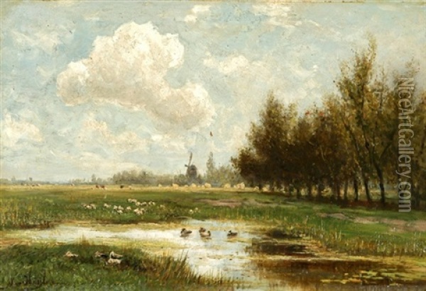 Teichlandschaft Mit Enten, Im Hintergrund Eine Windmuhle Oil Painting - Marius Heyl