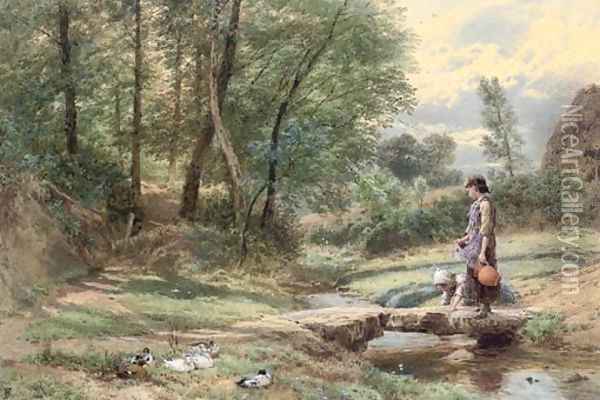 Crossing the stream Oil Painting - Myles Birket Foster