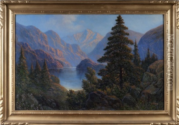 View Of Yosemite With Lake And Pines Oil Painting - Oscar Drehmann