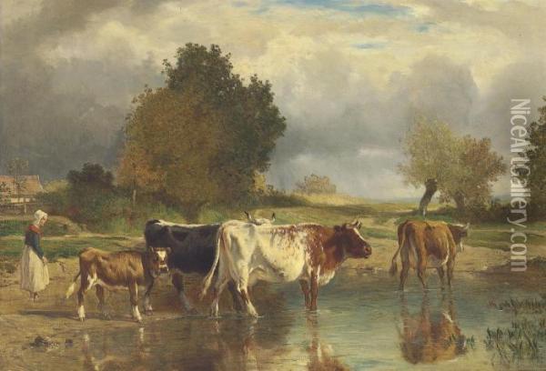 Vaches Et Veau A La Mare (l'abreuvoir) Oil Painting - Constant Troyon