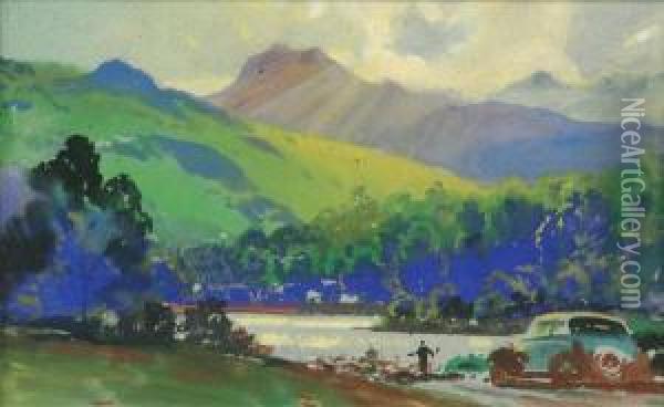 Landscape Withcar In The Lake 
District Gouache 18cm X 29.5cm Charles E. Turnerwas An Official War 
Artist, And Contracted To Dunlop Rubber Companycirca 1935-1950 As An 
Advertising Artist Oil Painting - Joseph Mallord William Turner