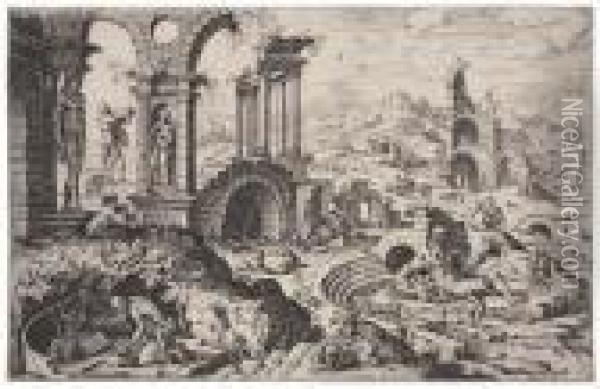 Landscape With Classical Ruins And St. Jerome Inpenitence Oil Painting - Hieronymus Cock