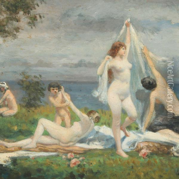 Bathing Girls On A Beach Oil Painting - Edmund Kregczy