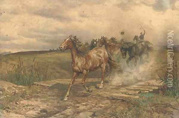A buttero rounding up horses in the Roman campagna Oil Painting - Enrico Coleman
