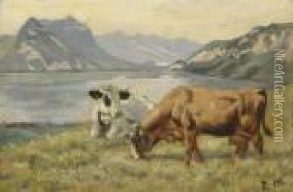 Zwei Kuhe Vor Thunerseelandschaft, Um 1888 Oil Painting - Ferdinand Hodler