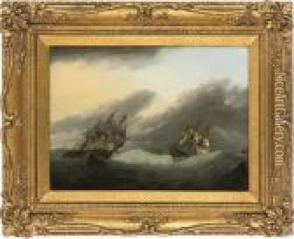 Warships In An Offshore Swell Oil Painting - Thomas Luny