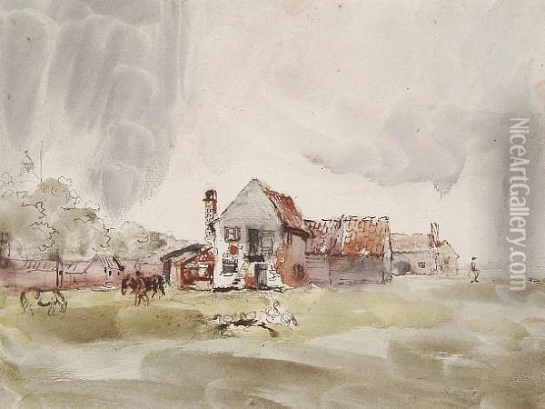 Farmhouse With Figures And Horses Oil Painting - Thomas Gainsborough