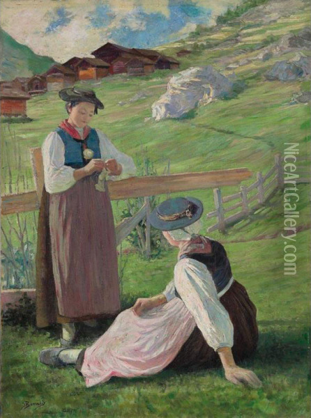 Deux Valaisannes Dans La Prairie Oil Painting - Julia Bonnard