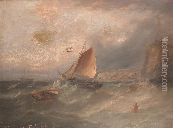 Fishing Boats Clearing Dover Harbour In Rough Weather Oil Painting - William Harry Williamson