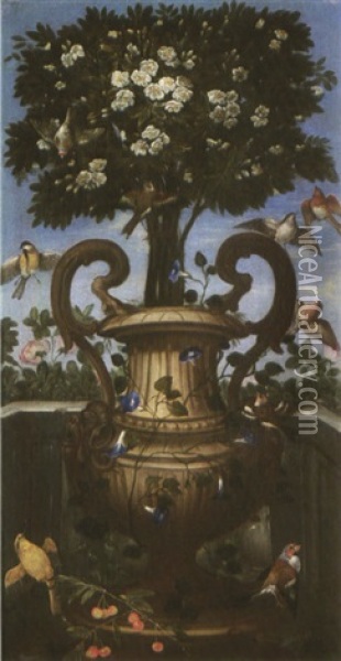Vaso Di Fiori Con Uccelli (+ Vaso Di Fiori Con Uccelli; Pair) Oil Painting - Orsola Maddalena Caccia