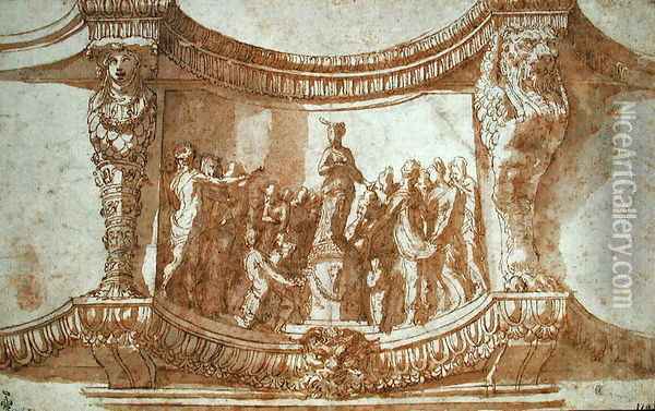 Hemicylindrical pedestal with a group worshipping a statue of Diana, c.1522 Oil Painting - Perino del Vaga (Pietro Bonaccors)