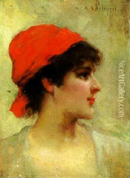 Portrait Of A Young Woman With A Red Turban Oil Painting - Louis Marie de Schryver