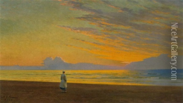 Solnedgang Ved Vesterhavet. En Ung Kvinde Nyder Det Smukke Aftenlys Oil Painting - Gustav Adolf Clemens
