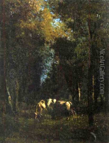 Vaches Et Chevaux En Foret Oil Painting - Jules Charles Rozier