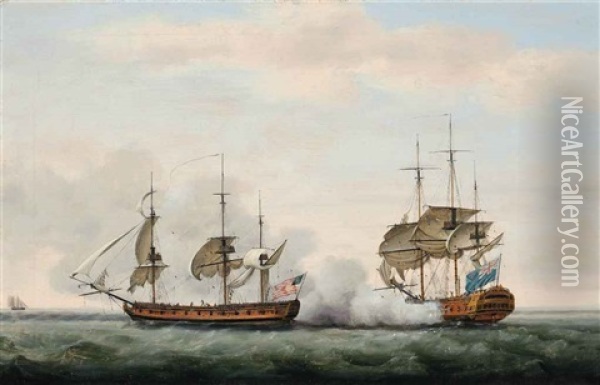 The East India Company's Ship Bridgewater Sucessfully Defending Her Cargo From An Attack By The American Privateer Hampden On Her Way From St. Helena Oil Painting - Francis Holman
