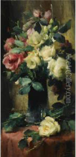 Roses In A Vase Oil Painting - Frans Mortelmans