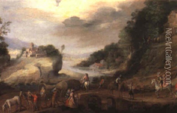 Landscape With Travellers Halted Near A Bridge Oil Painting - Gommaert Van Der Gracht