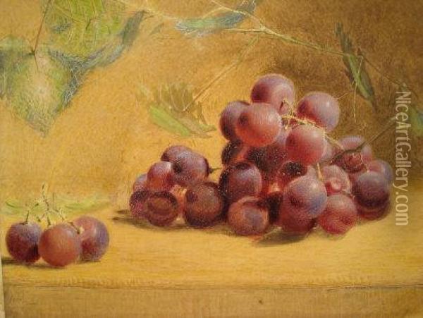 A Still Life Of Red Grapes And Vine Leaves On A Ledge Oil Painting - Frederick Thomas Baynes