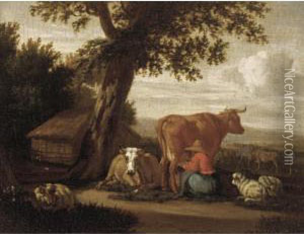 A Landscape With A Shepherdess Milking A Cow Oil Painting - Pieter Van Der Leeuw
