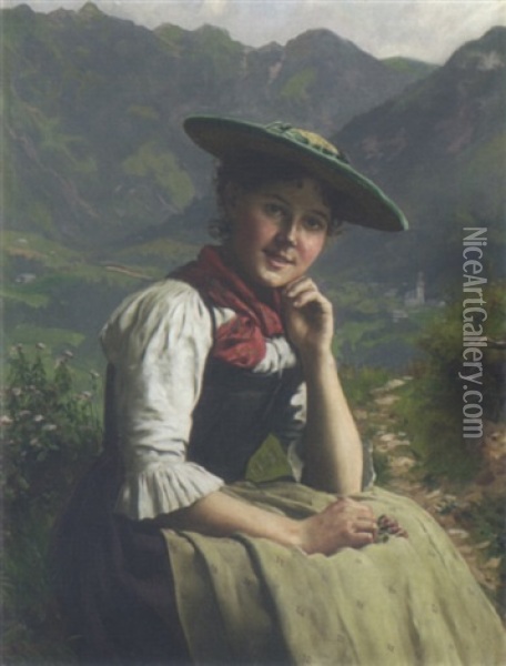 Dirndl In Tracht Vor Alpenlandschaft Oil Painting - Emil Rau