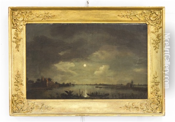 Canal At Night Oil Painting - Aert van der Neer