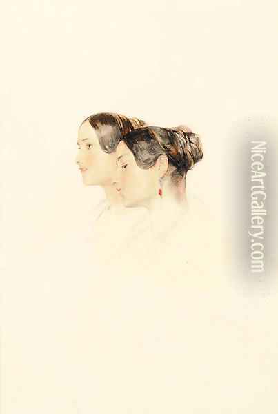 Head study of two young women, looking to the left Oil Painting - John Frederick Lewis