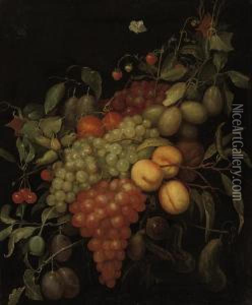 Peaches, Plums, Grapes, Cherries And Strawberries And Other Fruit,a Fly And A Butterfly Oil Painting - Joris Van Son