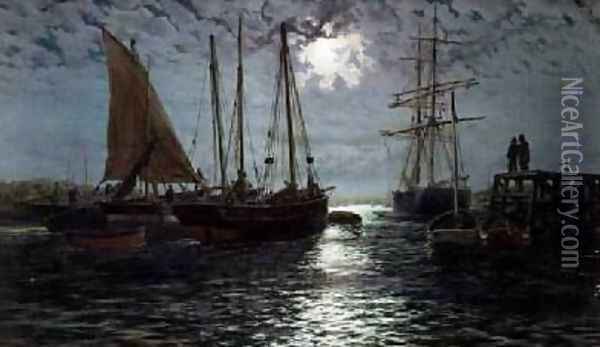 A Moonlit Harbour Oil Painting - Thomas Rose Miles