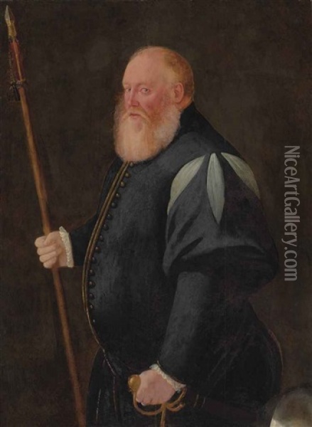 Portrait Of A Man, Three-quarter-length, In A Dark Blue Doublet With Slashed Sleeves, Holding A Spear And A Sword, With A Helmet Beside Him Oil Painting - Jan Stephan von (Calcker) Calcar