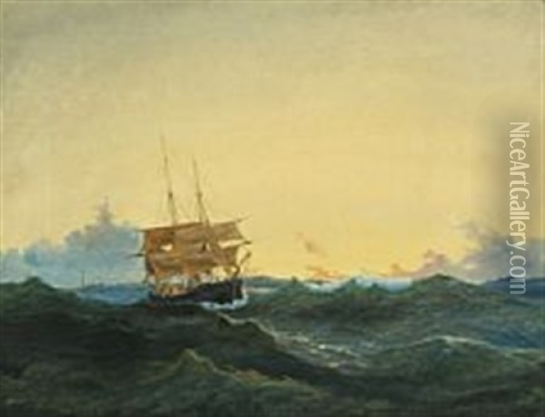 Marine With Sailboat In Rough Seas, In The Background A Lighthouse Oil Painting - Carl Julius Emil Olsen