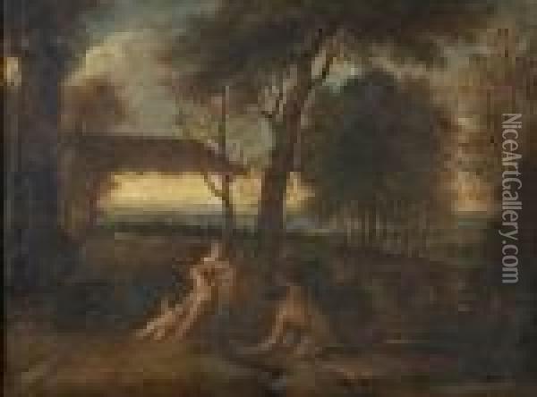 An Extensive Landscape At Dusk With A Group Of Figures In The Foreground Oil Painting - Nicolas Poussin