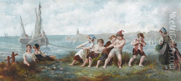 Hafenpartie Mit Spielenden Kindern Oil Painting - Juliette Calame