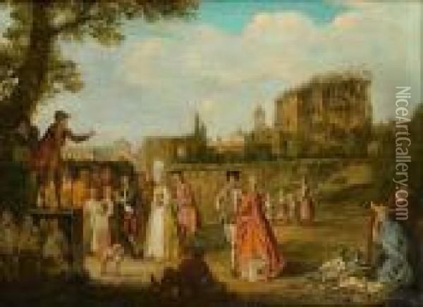 A Market Square With A Man Addressing A Crowd From A Platform, A View To A Town Beyond Oil Painting - Pieter Angillis