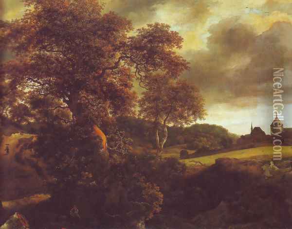 Hilly landscape with a great oak and a grainfield Oil Painting - Jacob Van Ruisdael