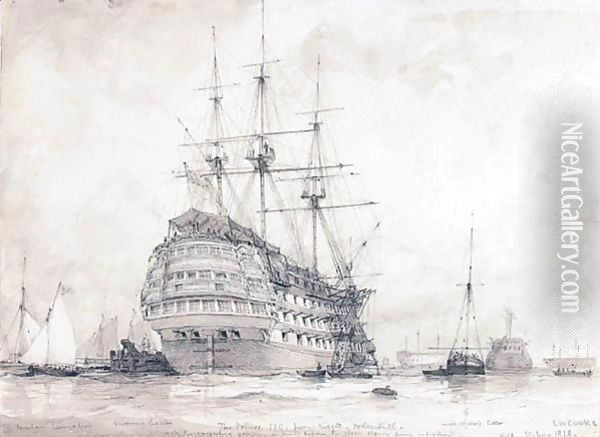 H.M.S. Prince - First-rate, Portsmouth Harbour, 10th June 1828 Oil Painting - Edward William Cooke