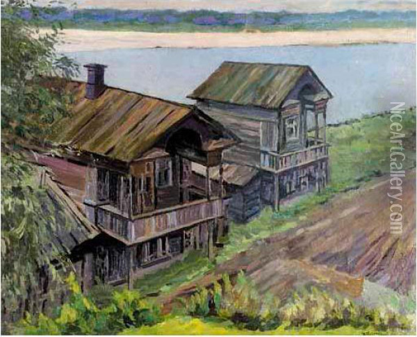 Wooden Houses On The Volga Oil Painting - Anatolij Fedorovic Andronov