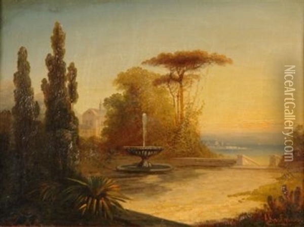 Uferlandschaft Mit Skulptiertem Brunnen. Im Hintergrund Die Sihouette Von Venedig (?) Oil Painting - Adolf Kaufmann