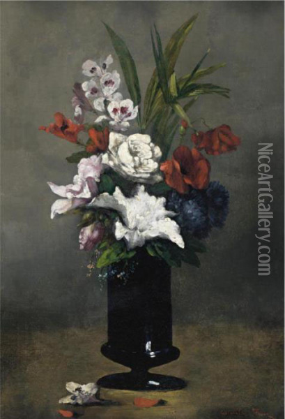 Flowers In A Blue Vase Oil Painting - Germain Theodure Clement Ribot