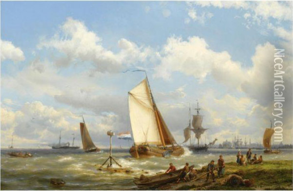 A Busy Harbour, Middelburg Oil Painting - Hermanus Koekkoek