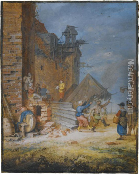 Peasants Dancing And Singing By A Crumbling Castle Oil Painting - Gerrit Adriaensz. De Heer