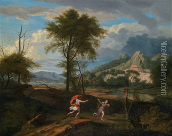 Apollo Und Daphne In Einer Hugeligen Landschaft (+ Rastende Schafer In Einer Arkadischen Ideallandschaft; Pair) Oil Painting - Johannes (Jan) Glauber