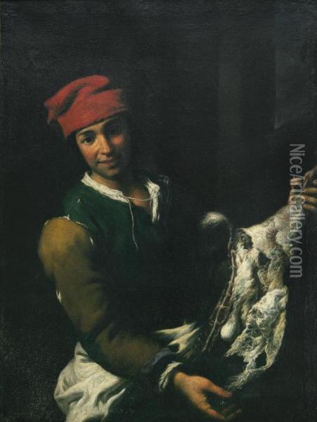 A Young Butcher, Standing In An Interior, Holding A Goat's Leg Oil Painting - Antonio Amorosi