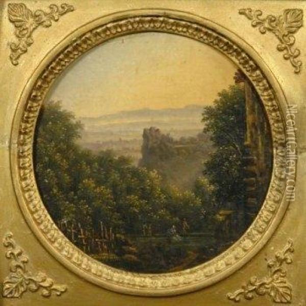 Idyllic Landscape. View From A Knoll Through The Trees Onto A Far-off Village. Oil Painting - Christopher S. German
