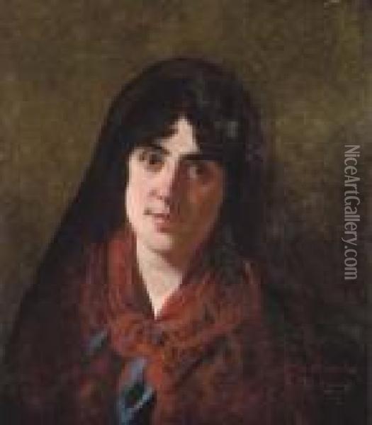 Portrait Of An Italian Girl In Traditional Dress Oil Painting - Federigo Zandomeneghi