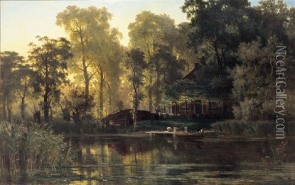 Riviergezicht Met Pont (de Vlist - Zuid-holland) Oil Painting - Edmond De Schampheleer